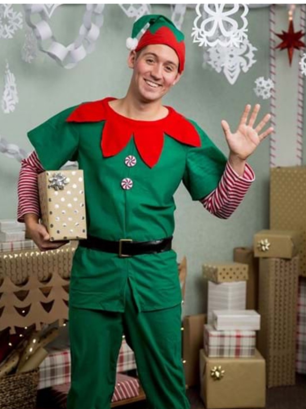 Adult Santas Elf Costume Top Pants Hat Size Medium